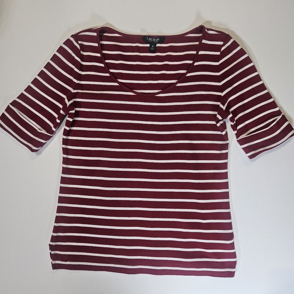 Lauren Ralph Lauren Maroon and White Striped Scoop Neck Top